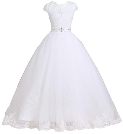Generisch Vestidos de Primera Comunión Blancos con Encaje y Flores para Niñas, Vestidos de Baile para Niños, beige, 12 años