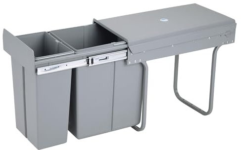 Poubelle de recyclage pour meuble de cuisine, poubelle sous évier 10 l + 20 l, fixation inférieure et retrait manuel, bacs amovibles, avec couvercle