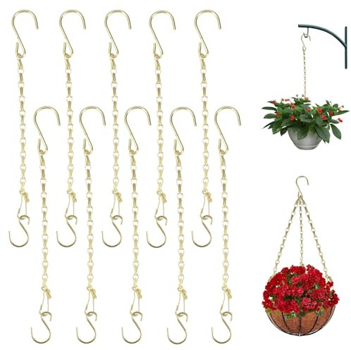 10 Stück Metall Blumenampel Ketten, 25cm Kette zum Aufhängen mit Schnappen und S-Haken, Gold Blumenampel Ketten Lang, Blumentopf Hängende Kette für Vogelhäuschen, Pflanzgefäße, Laternen, Windspiele