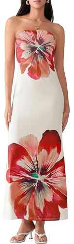 LYSINK Womens Flower Strapless Maxi Dress Y2k Cute Floral Long Bodyocn Tube Top Bandeau Dress for Formal Cocktail (01 White, S)