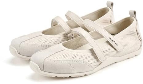 Ballet Sneakers for Women Leather Retro Wide Toe Hook and Loop Mary Jane Ballerina Flats with Contrasting Stitching Fancy Casual Ballet Shoes 2025 Spring Summer Sporty Walking(White,Numeric_5)