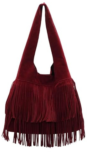 LYEAA Women Frosted Fringe Underarm Bag Faux Suede Travel Tote Handbag Large Capacity Vintage Tote Bag Ladies Commute Bag (Red)