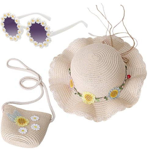Nievajio 3 Pieces Girls Sun Hat and Straw Knitting Bag, Kids Sun Protection Set, Summer Sun Hat with Flower Decoration for Tourism, Holiday, Travel, Beach, Outdoor Activities