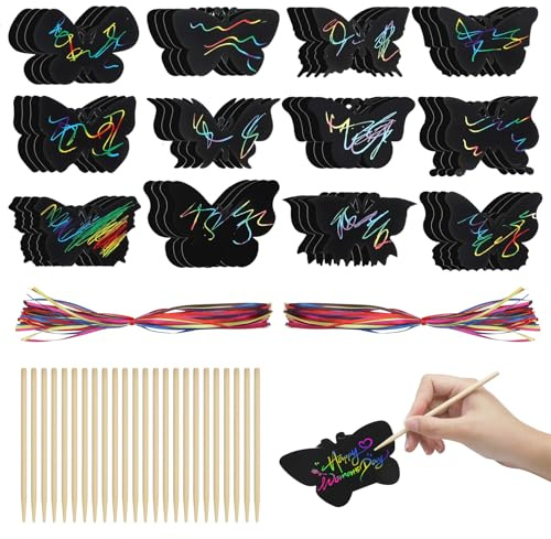 UOCAI Pack of 48 Scratch Pictures Butterflies Set, 12 Styles Rainbow Scratch Paper Scratch Pictures for Children with Wooden Pen and Ribbon Butterfly Crafts DIY Scratch Painting Art Children's