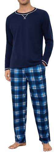 Litherday Pyjamas, herr, lång, vinter, bomull, tvådelat nattkläder, set, män, lång, rund hals med rutiga pyjamasbyxor, Mörkblå-stil 3, XL