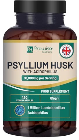 Psyllium (10 000 mg) avec 1 milliard d’UFC d’acidophilus, 120 gélules végétaliennes | Complément alimentaire de fibres solubles naturelles issues de graines de Plantago ovata