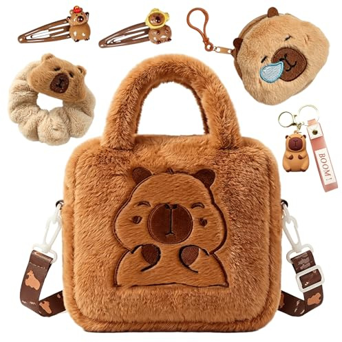Evewind Capybara Plush Girls Handbag, Cute Capybara Crossbody Bag with Hair Tie Bands Key Ring Wallet, Capybara Gifts Girls Bag for Girl Travel School Daily Use, 18x16x6cm, Brown