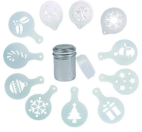 1Set Chocolate Shaker for Cappuccino with 11 Coffee Stencils, Icing Sugar Shaker Duster, Powder Shaker and Flour Shaker Accessories, Chocolate Powder Shaker for Latte Art & Baking