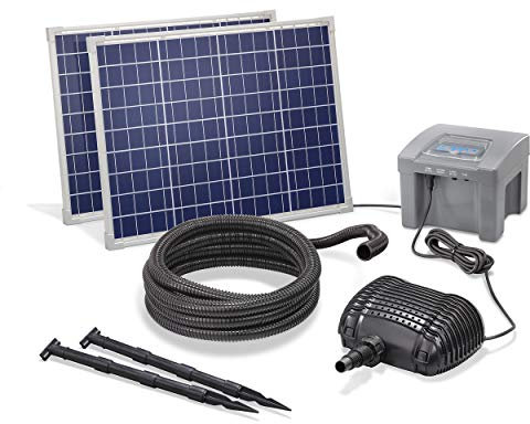 esotec Solar Bachlaufset Waterfall 100 2600, Komplettset, Akku, Bachlaufpumpe 2600 l/h, Solarmodule 100Wp, Teichpumpe, Solarbrunnen draussen, DIY Springbrunnen Wasserspiel, außen, 1,5m 101974
