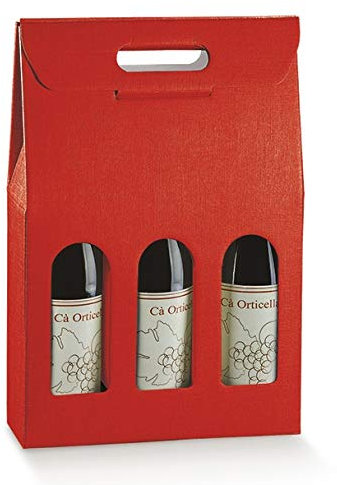 5 cajas para 3 botellas de vino verticales modelo Bordolés, Burgogognoche robustas Navidades, cartón acoplado y asa exterior 27 x 9 x 38,5 cm de altura seda roja