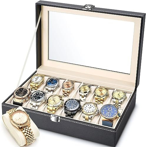 MOOING Scatola per orologi con 12 scomparti, custodia per orologi bloccabile con coperchio in vetro, cassapanca per orologi con cuscini staccabili, pelle PU, fodera in velluto, 30 x 20 x 8 cm
