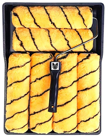 Paint Roller Sleeve 8 Piece Set 9(229mm) Tiger Stripe Paint Roller Set with Tray Frame and 6 Sleeves, Emulsion Roller Kit, Paint Rollers,Frame and Tray