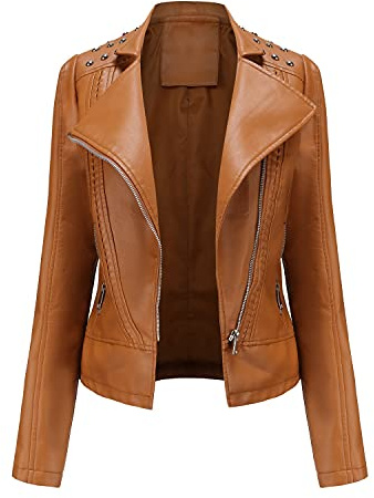 DISSA Women's Faux Leather Moto Jacket Lapel Collar Zip-Up,Brown,12