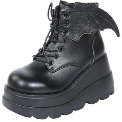 Gothniero Goth Platform Boots Black Gothic Chunky Heel Boots for Women Combat Ankle Wedge Booties with Side Zip Lace Up Size 3UK-8UK