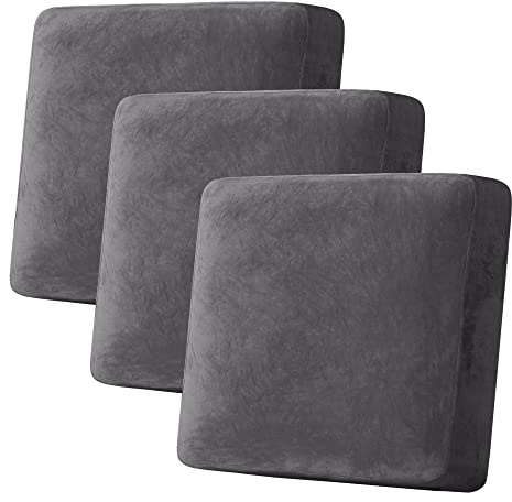 H.VERSAILTEX Velvet Stretch Couch Cushion Cover Plush Cushion Slipcover for Chair Loveseat Sofa Cushion Furniture Protector Seat Cushion Sofa Cover (3 Piece XL Sofa Cushion Covers, Grey)