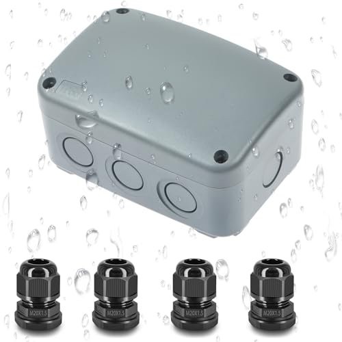 Waterproof Junction Box with 4-Pack M20*1.5mm Cable Glands Set, Nineleaf Junction Box Waterproof Outdoor IP66, PC ABS Plastic, 125x86x62mm, Gray