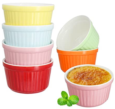 YBCPACK 200ml Ramekins Set of 6 - Colorful Porcelain Souffle Dish for Small Cakes, Creme Brulee,Pudding and Ice Cream，Also Great as Serving Dish for Sauces and Side Dishes