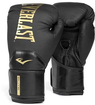 Guanti da Boxe Everlast Elite 2 12oz, Oro/Nero, per Sacco, Allenamento e Sparring, Chiusura a Strappo, Barra Ergonomica, Schiuma a Strati - Autentico Everlast
