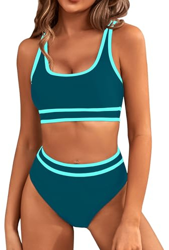 BMJL Women's High Waisted Bikinis Sets Sporty Two Piece Swimsuits Color Block Cheeky High Cut Bathing Suits(M,Dark Green Blue)