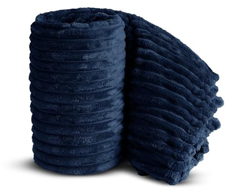 Velosso Chunky Ribbed Thick Super Soft Faux Fur Mink Ribbed Cord Blanket Bed Throwover Sofa Lounge Throw Blanket (Navy Blue, 150 x 200cms)