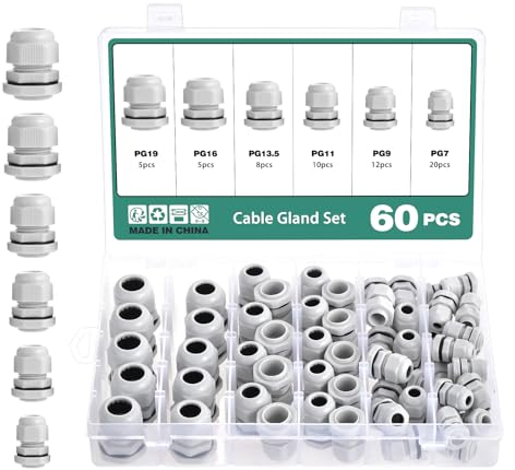 Faankiton 60PCS Presse-Étoupes Étanches, Glandes de Câbles en Nylon Connecteurs de Câble Réglables, Presse-étoupes PG7/PG9/PG11/PG13.5/PG16/PG19, Contre-écrou Presseétoupe pour Câble, Blanc