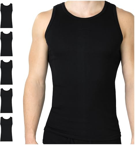 SES finribbad undertröja för män, 5-pack S – 4XL/figurnära tanktopp för män av 100 % bomull/herrundertröjor med kroppsnära passform, svart, 4XL