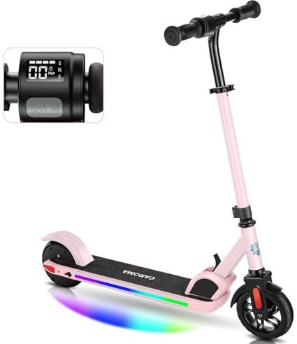 Caroma E Scooter für Kinder Alter 6-14, 150W Motor, 16 km/h, 80 mins Fahrzeit, einstellbare Geschwindigkeit und Höhe, Bunte Lichter, LED-Anzeige, Faltbarer Kinder Elektroroller