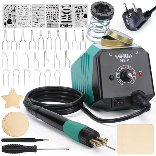 YIHUA 939-V Brandmalerei brennpeter für holz mit 23 Drahtspitzen in verschiedenen Formen, abnehmbarem Holzbrennstift, 6 Holzstücken, 6 Schablonen, Schraubendreher und Pinzette als Holzbrenner set