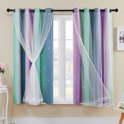 XiDi Blackout Curtains with Net 54 Drop Hollow Out Star Pattern Mix White Voile Sheer Short Eyelet Curtains for Kids Preteen Bedroom 52 Inch Wide Purple Green Grey,2 Panels