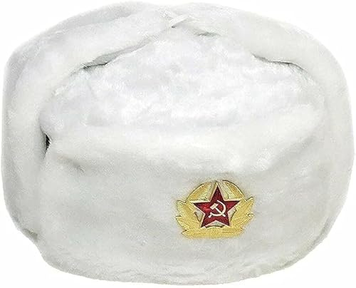 Chapeau de trappeur russe pour homme - Chapeau chaud d'hiver avec badge soviétique unisexe en fausse fourrure - Chapeau d'hiver unisexe, blanc, Taille unique