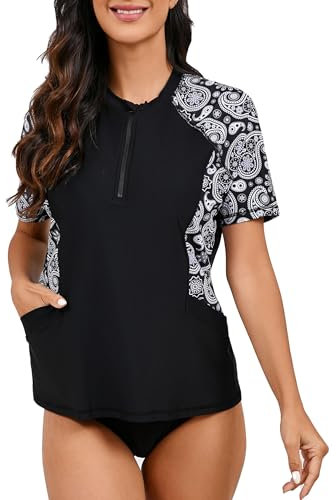 Halcurt UV Shirt Damen Kurzarm mit BH und Tasche Rash Guard 1/4 Zip UPF 50+ Sonnenschutz Badeshirt Schnell Trocknender Schwimmshirt Tankini L