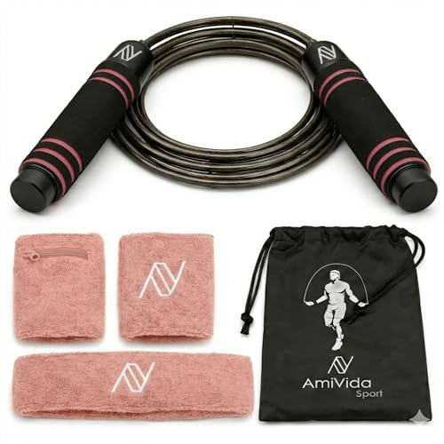 Comba Crossfit Ajustable AmiVida – Cuerda de Saltar de Acero para Fitness, Boxeo y HIIT – Kit con Muñequeras con Bolsillo, Cinta Deportiva y Bolsa de Transporte