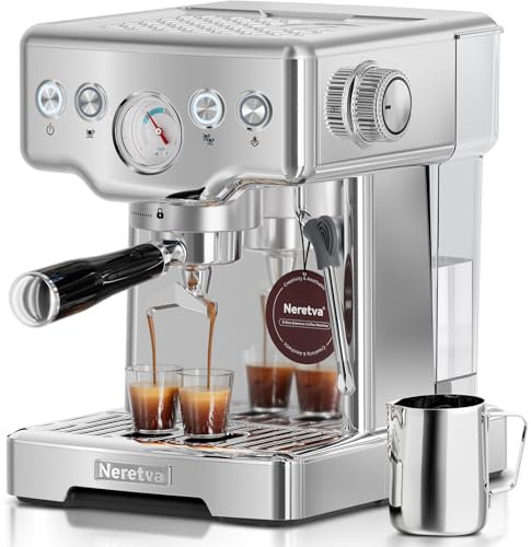 Neretva Siebträgermaschine, 15 Bar Espressomaschine mit Druckanzeige Professionelle Espresso Kaffeemaschine mit Milchaufschäumer&Edelstahl Für Espresso, Latte, Cappuccino, Home Barista Kaffeemaschine