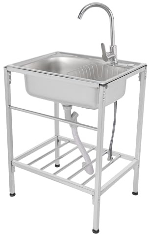 Outdoor Sink,Commercial Restaurant Sink Stainless SteelSink with Basket & Drain Free Standing Cold & Hot Faucet,Single Bowl CommercialSink Suitable for Kitchens, Restaurants
