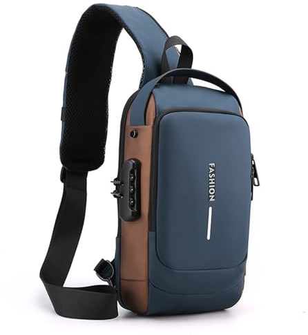 MOANATURA Bolso Bandolera Hombre con USB y Bloqueo de Contraseña – Antirrobo, Estilo Moderno – Bolso Grande Cruzado de Pecho para Moto, Viajes o Ciudad – 4 Colores (Azul Marrón)