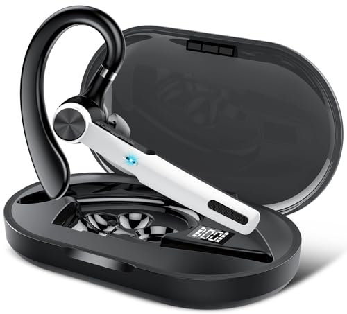 Oreillette Bluetooth sans Fil, V5.3 Kit Main Libre Bluetooth Oreillette avec CVC8.0 Micro antibruit, 60H d'appel Casques sans fil avec Écran LED, IP7 Étanche pour Conduite/Affaires/Bureau, Blanc