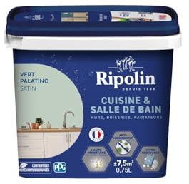 RIPOLIN - Peinture Intérieure Cuisine et Bain – Murs, Boiseries & Radiateurs - Adapté Pièces Humides - Effet Perlant - Lessivable - Haute Résistance - Vert Palatino - Satin - 0L75