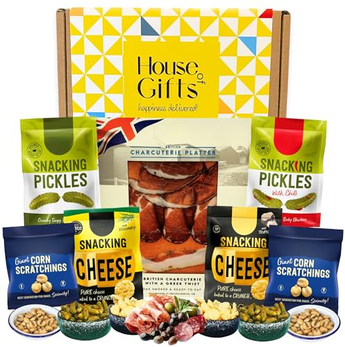 Charcuterie Meat & Snack Hamper – British Platter, Spicy Pickles, Truffle & Rosemary Cheese Snacks, Corn Scratchings, Savoury Snack Box for Men, Pub Snacks, Sharing Platter Gift Box
