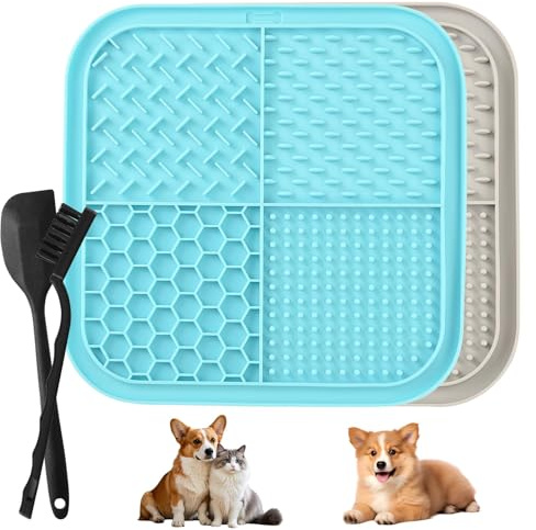 Tapis De Léchage Chien 20x20cm,Lot de 2 tapis à lécher pour chiens et chats Silicone avec ventouses,Jouet apaisant pour soulager l'anxiété,Ralentit L'alimentation des Chats Et des Chiens-Lac bleu+Gris