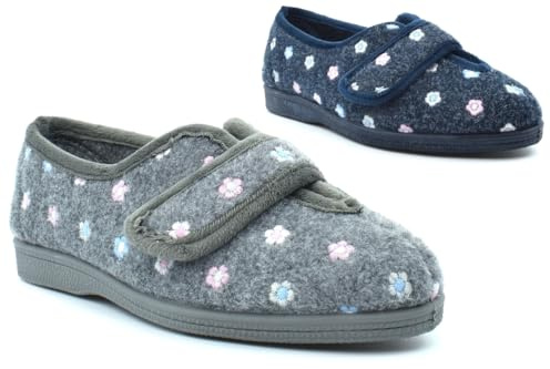 Womens Wide Fit Slippers Ladies Matilda Wide Slippers V Throat Touch Fasten EE Slipper Double E Width V Cut Touch Fastening Rubber Sole Floral Sizes 3-9 Grey/Navy Blue (EE Fitting) 5 UK