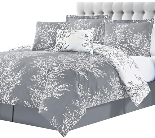 Spirit Linen - Queen Bed in a Bag, 6-Piece Oversized Reversible Bedding with Matching Shams & Bed Skirt, Elegant Home Decor for All Season (Foliage Grey/Ivory, Queen)