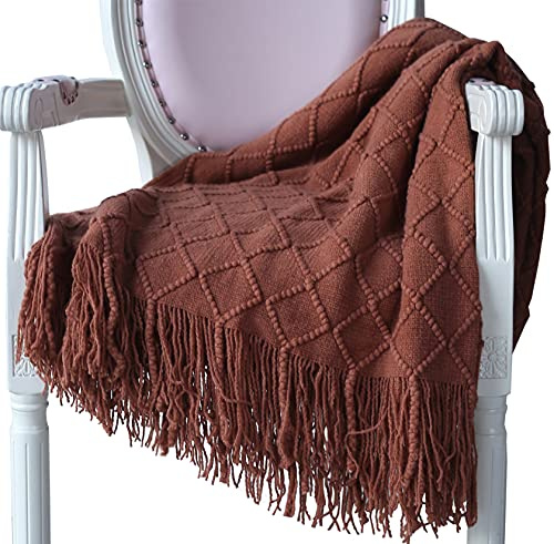 Hayisugal Wohndecke Weich Strick Wolldecke Quaste Kuscheldecke Sofadecke Schlafdecke Decke, Karamellfarbe, 125 x 210cm