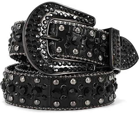 LEACOOLKEY Strass Gürtel für Damen Männer für Jeans,Western Cowgirl Nieten Punk PU Ledergürtel,Damen Strass Gürtel(S:Passgröße 70cm-80cm = 105cm Gesamtlänge,E-Schwarz)