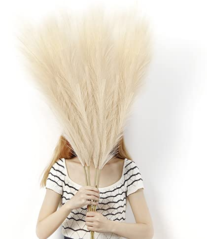 LinTimes Künstliches Pampasgras Deko-4 Stiele 43/110cm ( Abnehmbar:1 Bund mit 4 Kleinen Pampasgras) Faux Trockenblumen Deko Boho für Wohnzimmer-Schlafzimmer-Hochzeit und Vasen Deko (Beige)