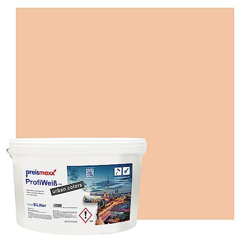Preismaxx Profiweiß Wandfarbe orange 5L, hohe Deckkraft, Dispersionsfarbe innen, Innenwandfarbe Raumfarbe pfirsich deckend, Deckkraftklasse 2, matt Innenfarbe Profi Qualität