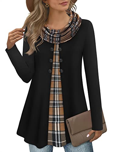 Gaharu Maglia a tunica da donna, a maniche lunghe, elegante, con collo sciallato, patchwork, Nero e marrone a quadretti, XL