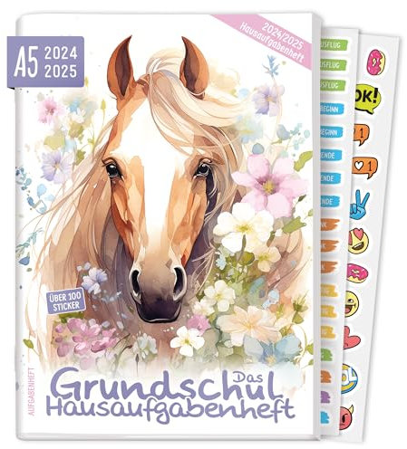 Lernfreunde Hausaufgabenheft Grundschule 2024/2025 A5 Pferd Grundschul-Hausaufgabenheft inkl. Lerntipps, Denkspiele & Sticker - nachhaltig & klimafreundlich