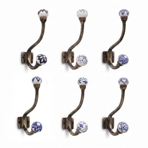 Indian Shelf 6 Blue White Unique Ceramic Iron Heavy Duty Double Coat Hooks