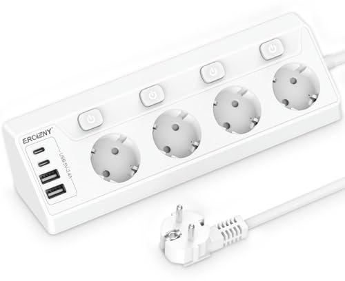 Ecksteckdose mit 2 USB C und 2 USB A, 4 Fach Steckdosenleiste Einzeln Schaltbar Mehrfachsteckdose Wandmontage 4000W 16A Mehrfachstecker Küche Steckerleiste, 2M Kabel Weiß