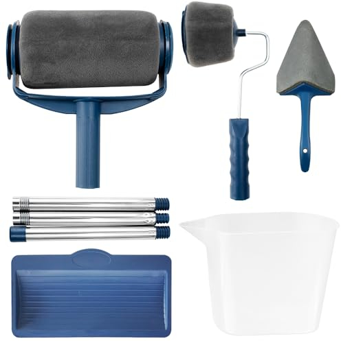 Bouncy Juego de 8 rodillos de pintura extensibles para paredes y techos – Incluye pinceles, almohadillas, bandeja, jarra y mango telescópico